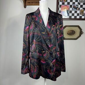 Black Satin Bird Patterned Blazer Gold Button Shoulder Pads Front Pockets SZ M